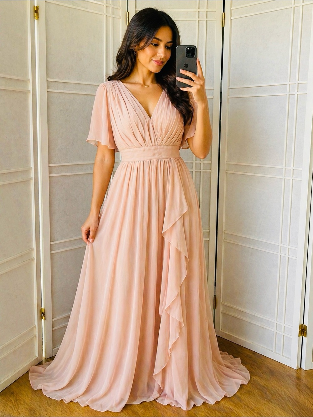 Blush Pink V-Neck Chiffon Maxi Dress